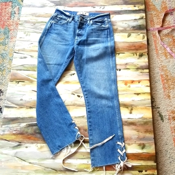 AMO BABE LACE UP Love Note Laces Ankle Ties Button Up High Anthro Denim Jeans 27 - Picture 4 of 16